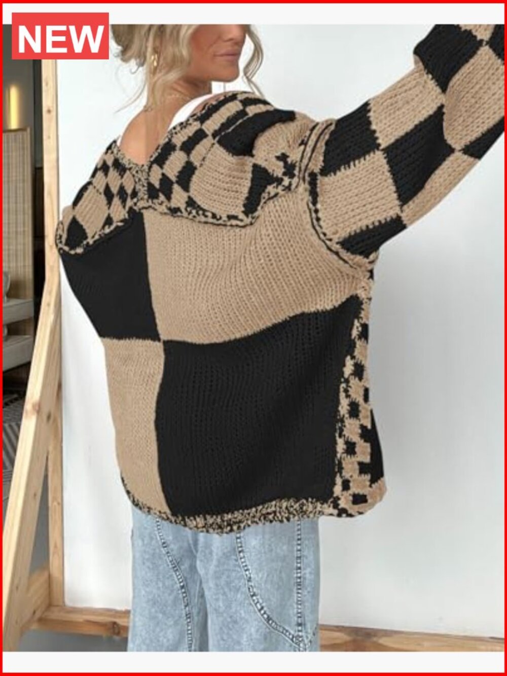 Long Sleeve Open Front Chunky Knit Checkered Cardigan Sweater for Women - Picture 6 of 7